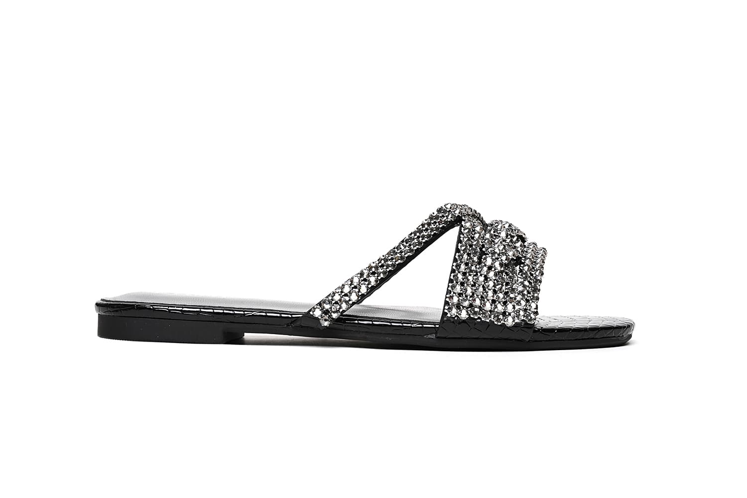 Cuple Embellished Croc Texture Flat Sandals in Black – Cuple