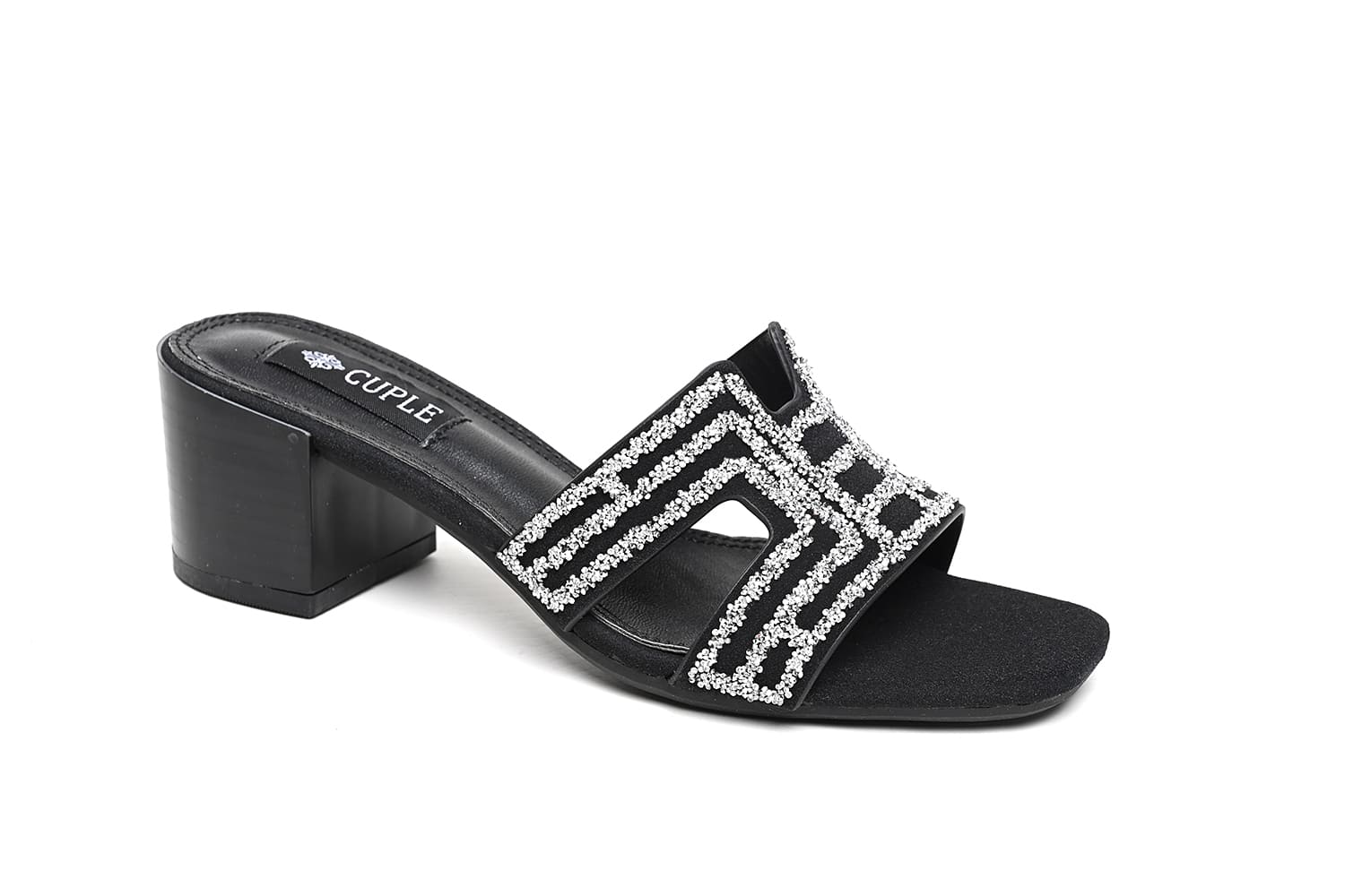 Cuple Embellished Block Heel Sandals Black Silver – Cuple
