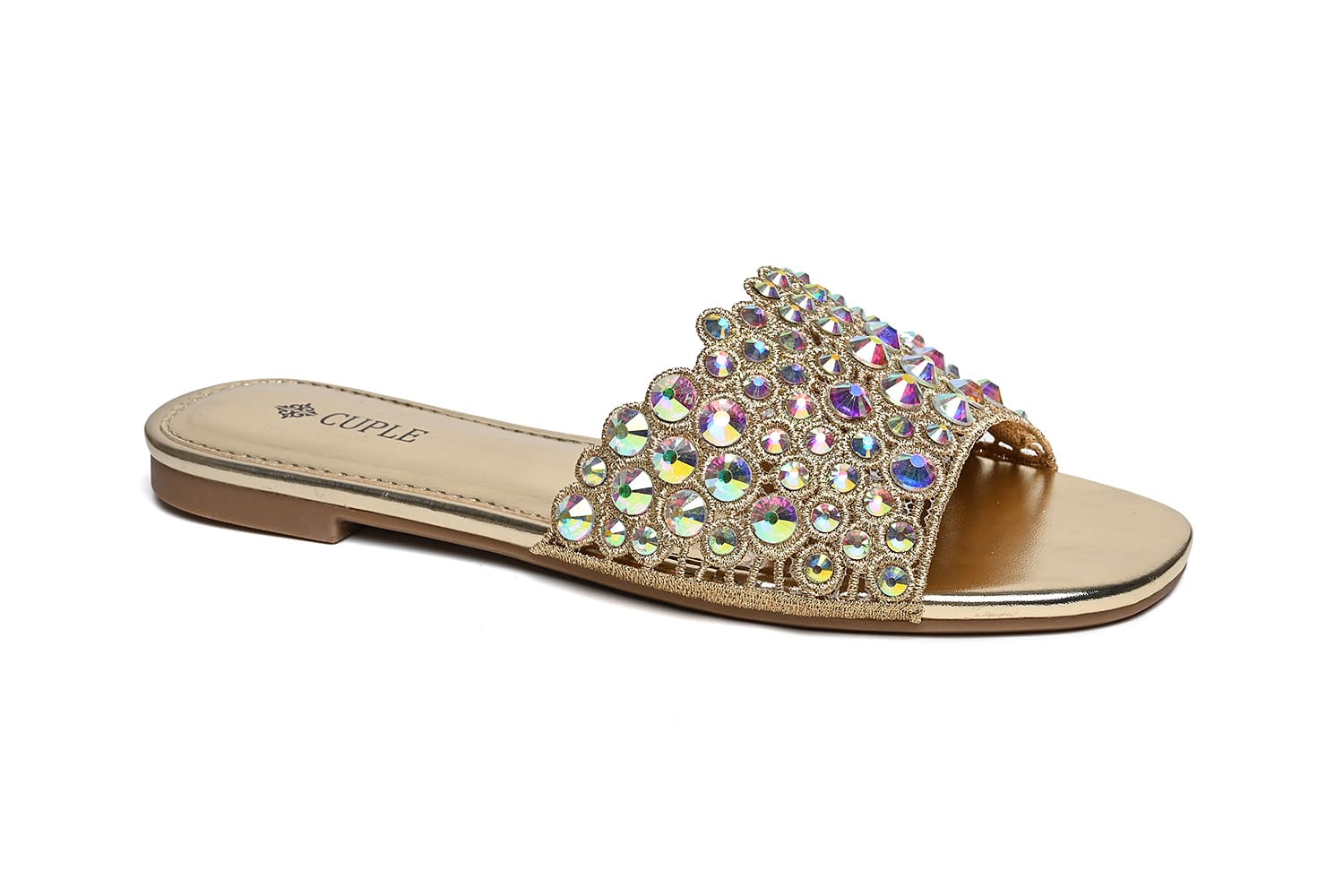 Cuple Glamourous Embellished Flat Sandals in Champagne – Cuple